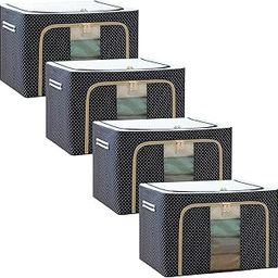 66 LTR Foldable Steel Frame Cloths Zip Organizer Bag and Oxford Fabric Storage Living Cover Boxes For Wardrobe Shelves Clothes, Dress, Sarees, Bed Sheet, Blanket- (Blue Polka Dot- Pack of 4)-image-52