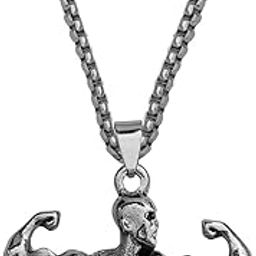 Muscle Man Pendant Necklace Fitness Bodybuilding Gym Weight Necklace Figure Men Fitness Jewelry Silver Stainless Steel Pendant Necklace Chain for Men and Women-image-36