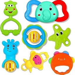 Storio Baby Products Toys 7 Pcs Rattle Set with Teathers for Newborn Baby Gifts, Toy for Babies, Non-Toxic, Acrylonitrile Butadiene Styrene, Multicolor-picture-21