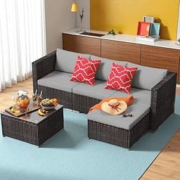 OMCCO 3 Piece Patio Small Garden Wicker Poolside Conversation Sofa Set with Coffee Table and Waterproof Cushion Ottoman for Backyard, Lawn HDPE Rattan All Weather Furniture (Grey)-image-81