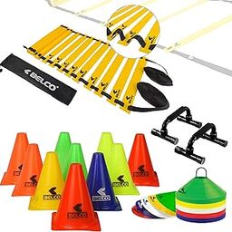 BELCO Sports PVC Cones Pack 10, 20 Space Markers and 8 Meter Ladder with Pushup Stand Agility Combos (Multicolor, 6 Inch)-image-37