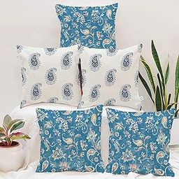 STITCHNEST Floral Decorative Blue and White Printed Poly Cotton Square Cushion Covers. (16 X 16 Inches, Set of 5)-0
