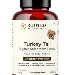 Rooted Turkey Tail mushroom Extract Capsules (60 Veg Caps, 500 mg) | Heart health, Stress Relief, Liver. USDA Organic, 30% Beta Glucans, Certified organic-image-23