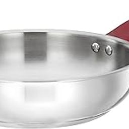 Amazon Brand - Solimo Stainless Steel Heavy Bottom Fry Pan | Three Layer Impact Forged Bottom for Durability | Premium Look with Soft Touch Handles and Knob, 22 cm-18