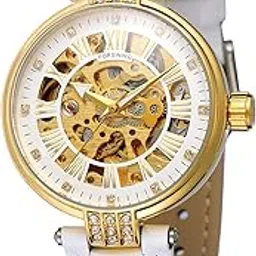 forsining Women's Stylish Automatic Movement Analog Skeleton Dial Watch with Leather Strap, White, Casual Watch-picture-8