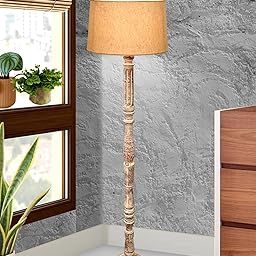 Homesake®Rustic Wood Floor Lamp in Walnut Brown with Multicolor Fabric Lamp Shade | Light Decor for Home Corner | Living Room & Bedroom Bedside Floor Lamp, Antique Floor Light, Roman Voyage, Jute-23