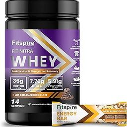 Fitspire Fit Nitra Whey Protein With Energy Bar | 36 Gram Protein Per 100g & 7.76g BCAA | Whey Fuel For Muscle Strength And Recovery | (Belgian Chocolate -1lbs)-image-59