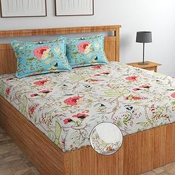 SHOMES Elastic Fitted Bedsheets with 2 King Size Pillow Covers | Double Bed with All Around Elastic, Size 72 x 78 x 8 Inches (White Aqua)-image-49