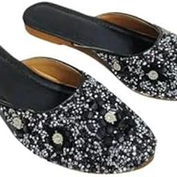 Women's Glitter Mule Slippers with Floral Design, Flat Slip-on Style, Available in Pink, Black, Silver-8