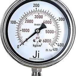 "Ji" Japsin Instrumentation Economical Pressure Gauge, 4" (100 mm) Dial, Range 0 to 420 Kg/Cm2 with Dual Scale of 6000 PSI, Direct Mounting Bottom Entry, 3/8" BSP (M) Connection, SS Material-16