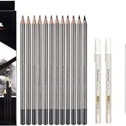 URBAN BOX Art Sketching Set of 12 Pencils Artist Grade Degree Pencils 10B, 8B, 6B, 5B, 4B, 3B, 2B, B, HB, 2H, 4H and 6H with 6 Stumps and 2 White Gel Pen-20