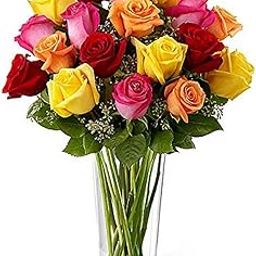Special Glass Vase Arrangement of 20 Mix Roses Fresh Flowers with Seasonal Fillers and Greenery || Bunch of 20-image-15