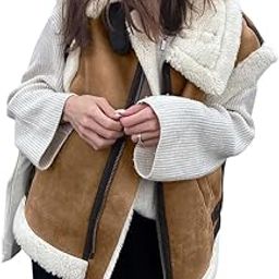 Women's Winter Warm Suede Sherpa Leather Vest Jacket Zip Up Sleeveless Lambwool Fur Coat with Pockets-5