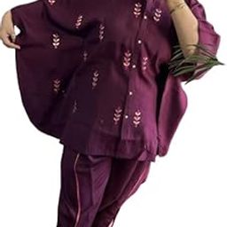 Roman Silk Kaftan Set for Women | Short Shirt Style Kaftan with Gotta Handwork & Lace Detailed Tulip Pants | Elegant Ethnic Wear | Comfortable & Stylish Outfit (IN, Alpha, L, Standard, maroon)-46