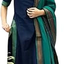 Women's Cotton Kurti Set with Dupatta, 3/4 Sleeve Traditional Dress, Navy Blue Kurta with Green Dupatta-56