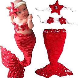 BabyMoon (Set of 3 Crochet Mermaid New Born Baby Photography Shoot Props Costume (3-12 Months, Red)-image-9