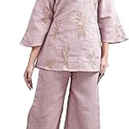 Women's Linen Floral Mauve Colour Contrast Thread Embroidery Top With Palazo Set(Co-Ords_9067)-picture-15