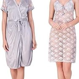 Women's 2 Pcs Satin Nightwear Set, Short Nighty with Robe (Free Size, Silver)-51