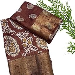 Kalamkari Tussar Silk Saree Floral Print Zari Weaving Border Designer Pallu Attach Blouse Piece-image-75