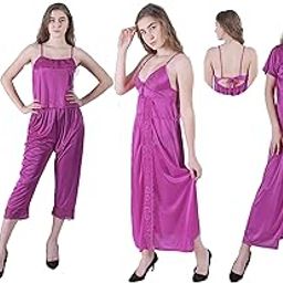 Women Satin Nightwear Set of 6 Pcs, (Nighty/Robe/Top/Capri/Bra/Panty) (Free Size, Purple)-45