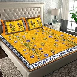 RajasthaniKart® Pure 100% Cotton Double Bed Sheet with 2 Pillow Covers (Bedsheet for Double Bed Cotton, Yellow Kashmirkalli Jaipuri, King Size,5167)-image-13