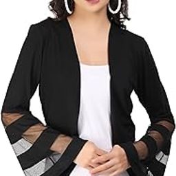 Women's Open Neck Viscose Knitted with Sheer Net Stripes Full Sleeve Flared Short Shrug-21
