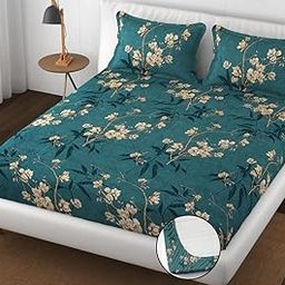 Premium Heavy Cotton Elastic Fitted Bedsheets with 2 King Size Pillow Covers || Double Bed with All Around Elastic 350 TC || 72 x 78 x 10 Inch King Size Fitted || - Green Floral-10