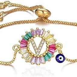 Rainbow Alphabets Initial Letters Baguette Crystal Evil Eye Slider Bracelet-27