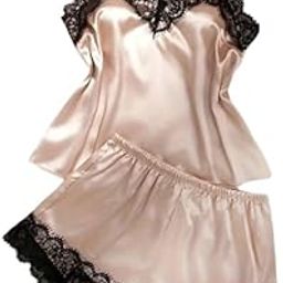 Satin Top and Shorts Sleepwear Set with Lace Trim, Solid Night Suit-picture-2