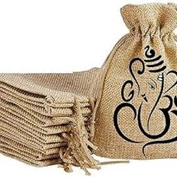 Handmakers ! Natural Jute gift Potli pouch with Ganesh print in bulk (set of 50)-image-1