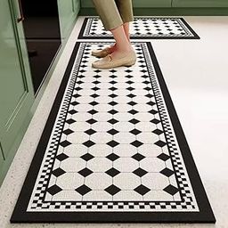 HomeCloud Rubber Kitchen Mats for Floor Set of 2 Pcs | Non-Skid, Soft Absorbent Rugs for Kitchen, Laundry, and Hallway | 118x38cm, 38x58cm| 4mm Thickness (Square_Black-White)-image-54