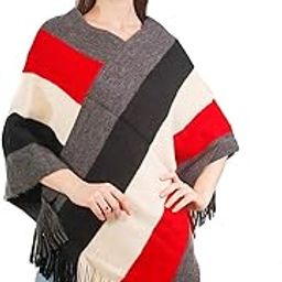 Women’s Elegant Knitted V-Neck Poncho Top with Multi Striped Patterns and Fringed Sides for Winter (SC 09) (Free, RED-Cream)-picture-3
