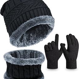 EAONE Kids Casual Style 3Pcs Winter Knitted Beanie Hat And Neck Scarf Set With Gloves, Thick Fleece Lining Cap Neck Warmer Gaiter For Boys Girls Age 5-12, Black-97
