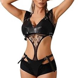 Sexy Lingerie for Women Naughty Leather Bodysuit Deep V Neck Teddy Babydoll Backless Mesh Lingerie Chain BDSM Bodysuit Sexy Nightwear-image-39