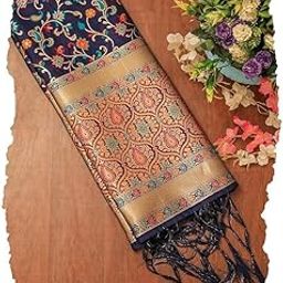 Women's Woven Banarasi Kashmiri Silk Dupatta with Thread Work and Zari Motifs Floral Chunni Size: 1M x 2.5M Yellow Orange-image-3