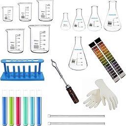 MANIKARN Borosilicate Glass Beaker and Conical flask 10ml 25ml 50ml 100ml 250ml (Set of 5 Pcs) Test tube with stand and holder PH Paper Glass Rod Hand Gloves-1