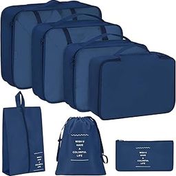 7 Set Packing Cubes Luggage Organizers With Travel Suitcases Accessories Bag, Toiletry Bag & Shoes Bag And Clothes Cosmetics Pouch (Navy Blue)-image-99