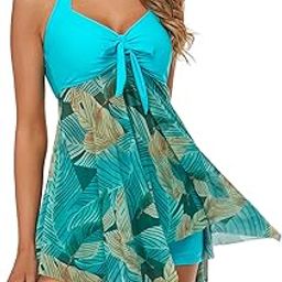 Womens Tankini Swimdress with Boyshorts Two Piece V Neck Bowknot Halter Bathing Suit Dress-image-33