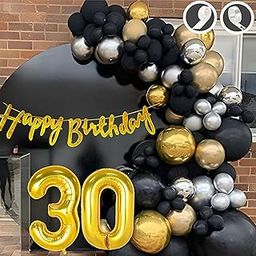 Flyloons 30th Happy Birthday Decoration Golden and Black Theme Combination for Boys Girls | 30 Pcs Gold Black Silver Balloons | Gold Happy Birthday Cursive Glitter Banner | Arch Tape | Glue Dots-image-33