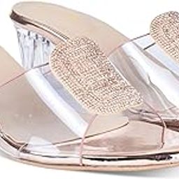 Women's Clear Block Heel Sandals with Crystal Embellished Strap, Transparent and Gold, 6.35 cm Heel-picture-1