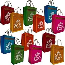 Maru Jute Bags with Ganesh & Kolam design multicolor bags with zip,Thamboolam Bags,Wedding Return Gifts bag -8 * 10 * 4.5 inch, Side cloth Non Woven Fabric (Pack of 25)-38
