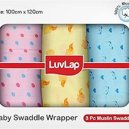 LuvLap 100% Cotton Muslin Baby Swaddle Set, Pack of 3, Size-120cm x 100cm (47"x39"), Dots Hearts Print, 0-18 Month+, Printed Mulmal Muslin Swaddle Wrap for New Born Baby, Baby Towel-22