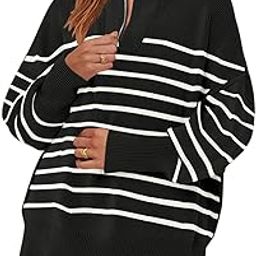 Women's Striped Sweaters Half Zipper Long Sleeve Ribbed Knit Loose Oversized Pullover Sweater Tops-image-45