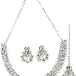 Gorgeous Rhodium Plated Silver AD White Stones Floral Collar Bone Necklace Set With Earring And Maangtika | Jewellery Set For Women (NS105609)-image-30