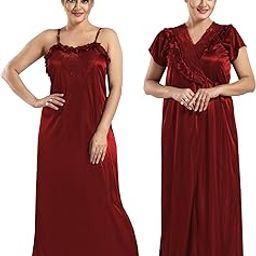 Apparels Solid Satin Nighty with Robe | 2-Piece Robe & Gown | Solid Maxi Nightwear Set (Free Size)-image-34