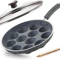 ivbox Aqua-Granite Appam Pan 12 Cavity Heavy-Weight Paddu Paniyarakkal Maker Patra Paniarakkal with Glass Lid, Non-Stick, Cast Aluminium, Grey-19