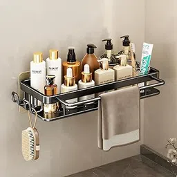 MIORAH No Drill Bathroom Shelves | Bathroom Accessories Set | Adhesive Black Carbon Steel Shelf | Pack of 1-picture-0