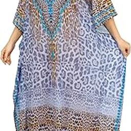 Ethnic Print Georgette Fabric Kaftan Dresses For Women Beach Dress Plus Size Swimsuit Cover Up (Light Grey Multi)-image-2