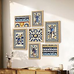 Painting Mantra Set of 7 Indian Wall Art Print Blue Birds with Flower Ritual theme Framed Vintage Poster for Home,Living room, Bathroom & Hotel Decor (Size: 9.3x12.7, 13x13 & 12.7x17.5 Inch)-35