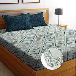 SHOMES Elastic Fitted Bedsheets With 2 King Size Pillow Covers | Double Bed With All Around Elastic, Size 72 X 78 X 8 Inches (Green Square, 250 Tc, Printed)-image-68